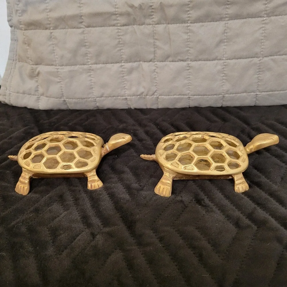 Vintage Brass Turtle Trinket Box Set (2pc) Honeycomb Lattice Shell Potpourri Fun